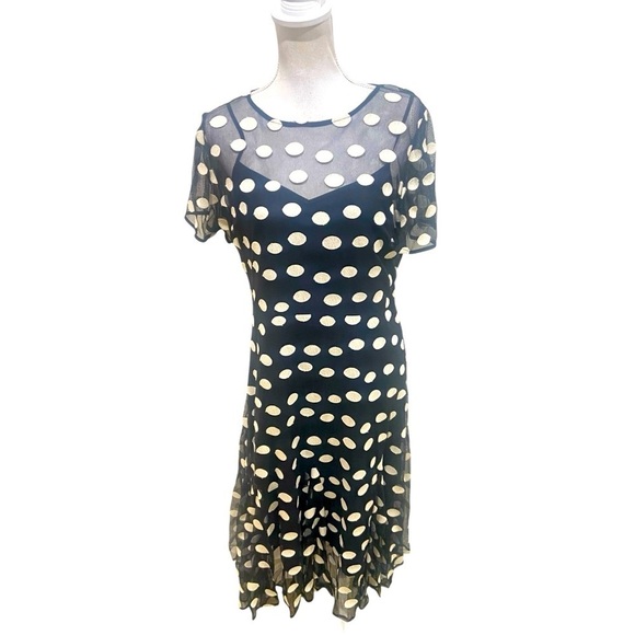 Nanette Lapore black/white polka dot sheer short sleeve midi lined dress size 12 - Picture 1 of 11